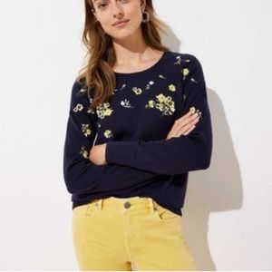 LOFT floral embroidered sweater size XS, navy with yellow flowers
